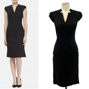 Zac Posen Black Cap Sleeve V-Neck Sheath Wiggle Structured Day Dress Size 2‎